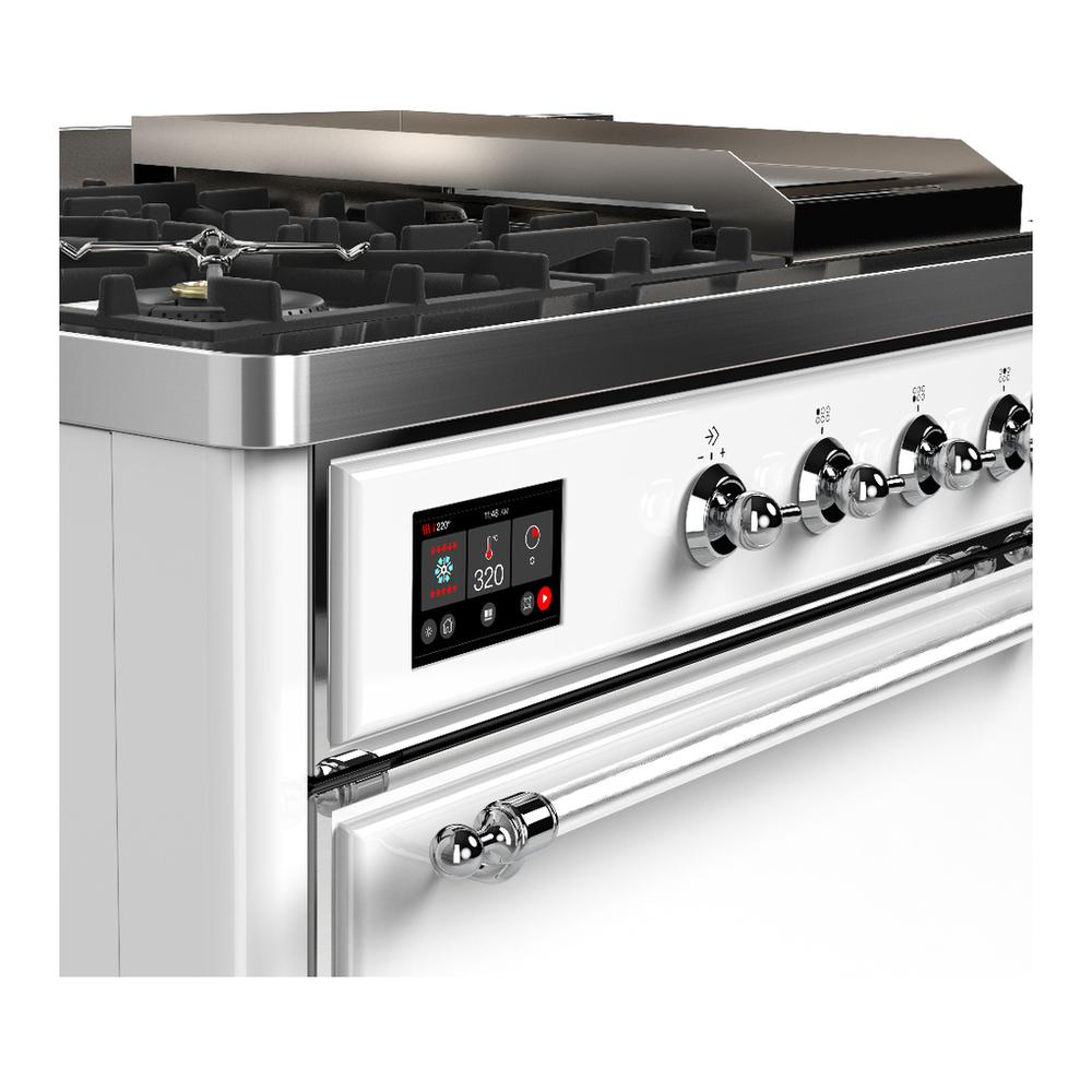 Ilve UM48FSQNR3WHCLP Ilve Um48Fsqnr3Whclp Majestic Iii 48 Inch Dual Fuel Range With 5 Black Brass Burners, Griddle And French Top, Dual Function Burner Up To 25,000 Btu (Liquid Propane, Solid Door, White, Chrome)