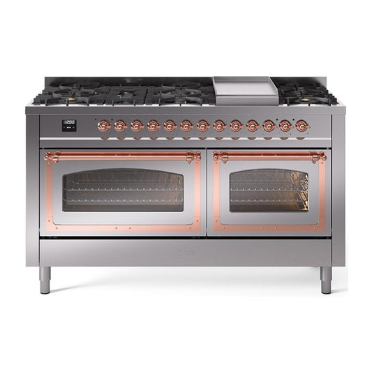Ilve UN60FNMPSSPLP Ilve Un60Fnmpssplp Nostalgie Ii Noblesse 60" Dual Fuel Range (9 Sealed Burners + Griddle, Liquid Propane, Triple Glass Door, Stainless Steel, Copper)