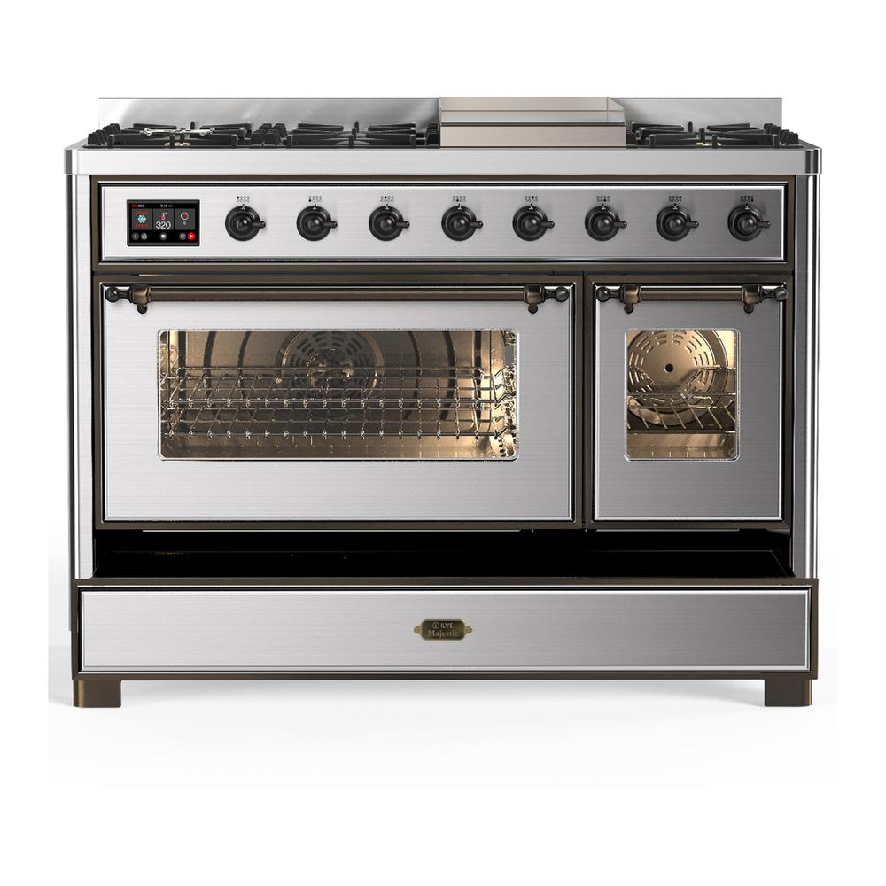 Ilve UM48FNR3SSBLP Ilve Um48Fnr3Ssblp Majestic Iii 48 Inch Dual Fuel Range With 8 Burners And Griddle, Dual Function Burner Up To 25,000 Btu (Liquid Propane, Triple Glass Door, Stainless Steel, Burnished)