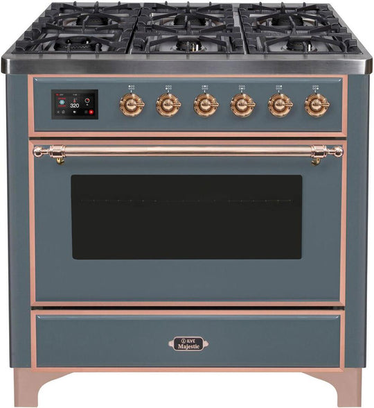 Ilve UM09FDNS3BGPLP Majestic Ii 36 Inch Dual Fuel Liquid Propane Freestanding Range In Blue Grey With Copper Trim