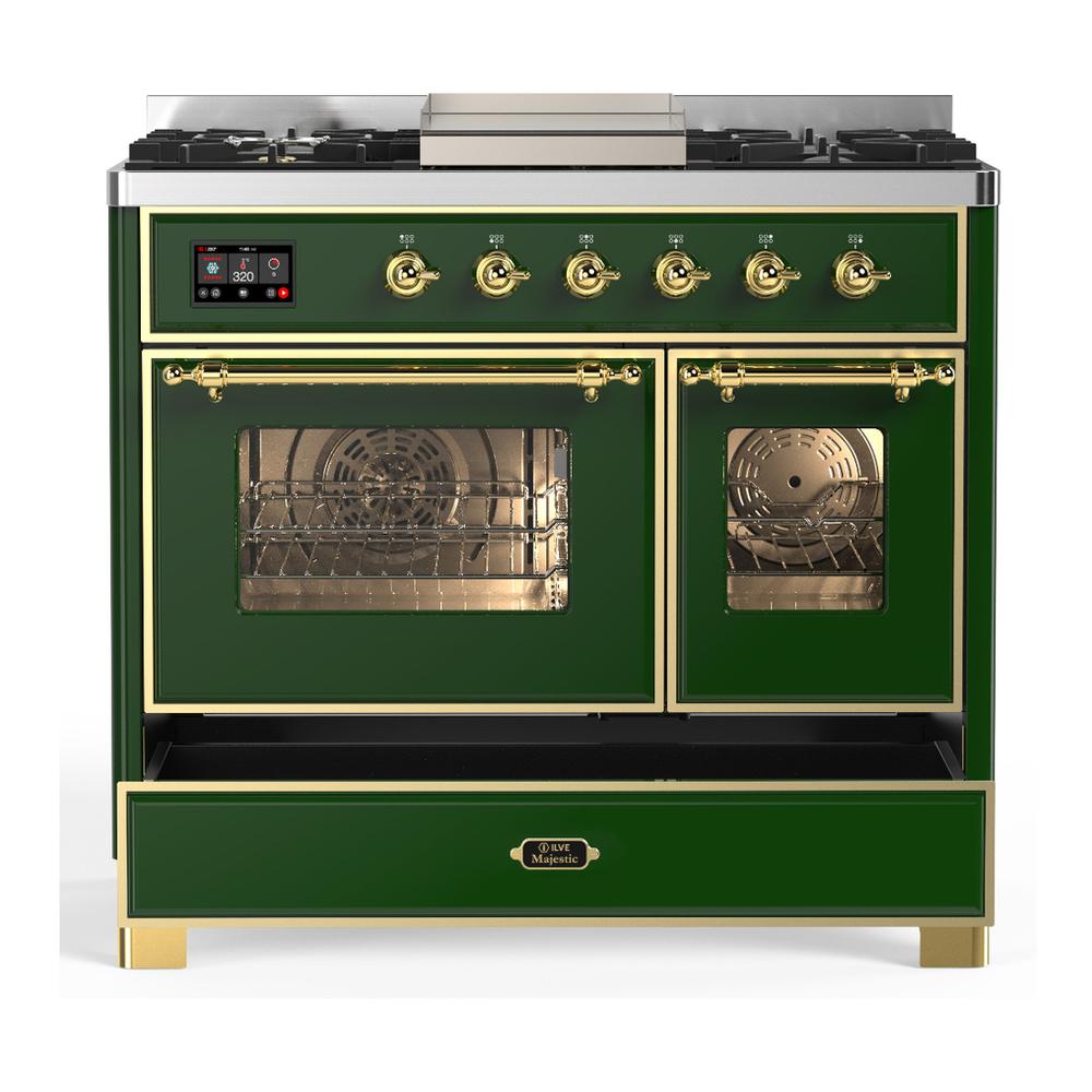 Ilve UMD40FNR3EGG Ilve Umd40Fnr3Egg Majestic Iii 40 Inch Dual Fuel Range With 6 Burners And Griddle, Dual Function Burner Up To 25,000 Btu (Natural Gas, Triple Glass Door, Emerald Green, Brass)