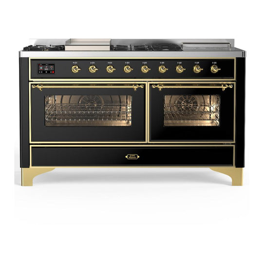 Ilve UM60FSNR3BKG Ilve Um60Fsnr3Bkg Majestic Iii 60 Inch Dual Fuel Range With 7 Burners, Griddle And French Top, Dual Function Burner With Up To 25,000 Btu (Natural Gas, Triple Glass Door, Glossy Black, Brass)