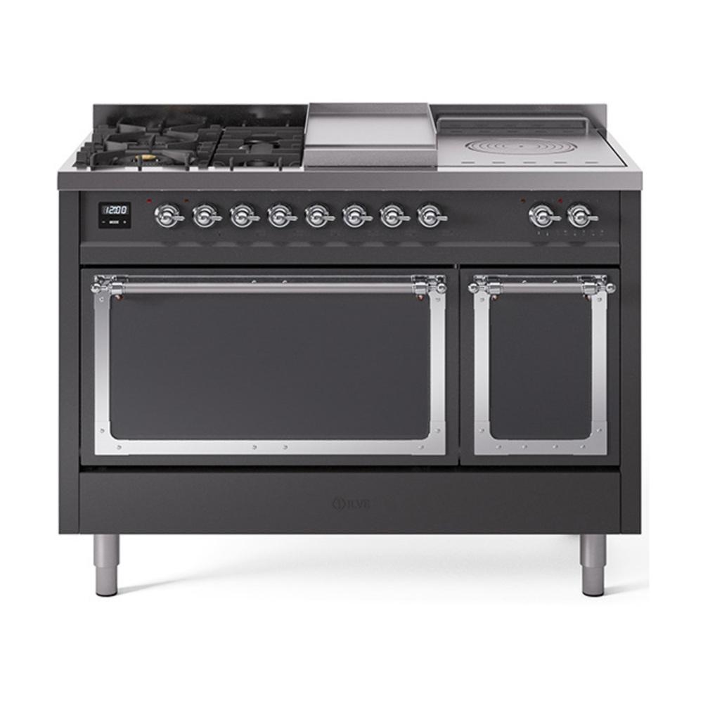 Ilve UN48FSQNMPMGCLP Ilve Un48Fsqnmpmgclp Nostalgie Ii Noblesse 48" Dual Fuel Range (5 Sealed Burners + Griddle + French Top, Liquid Propane, Solid Door, Graphite Matte, Chrome)