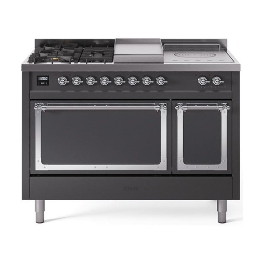 Ilve UN48FSQNMPMGCLP Ilve Un48Fsqnmpmgclp Nostalgie Ii Noblesse 48" Dual Fuel Range (5 Sealed Burners + Griddle + French Top, Liquid Propane, Solid Door, Graphite Matte, Chrome)