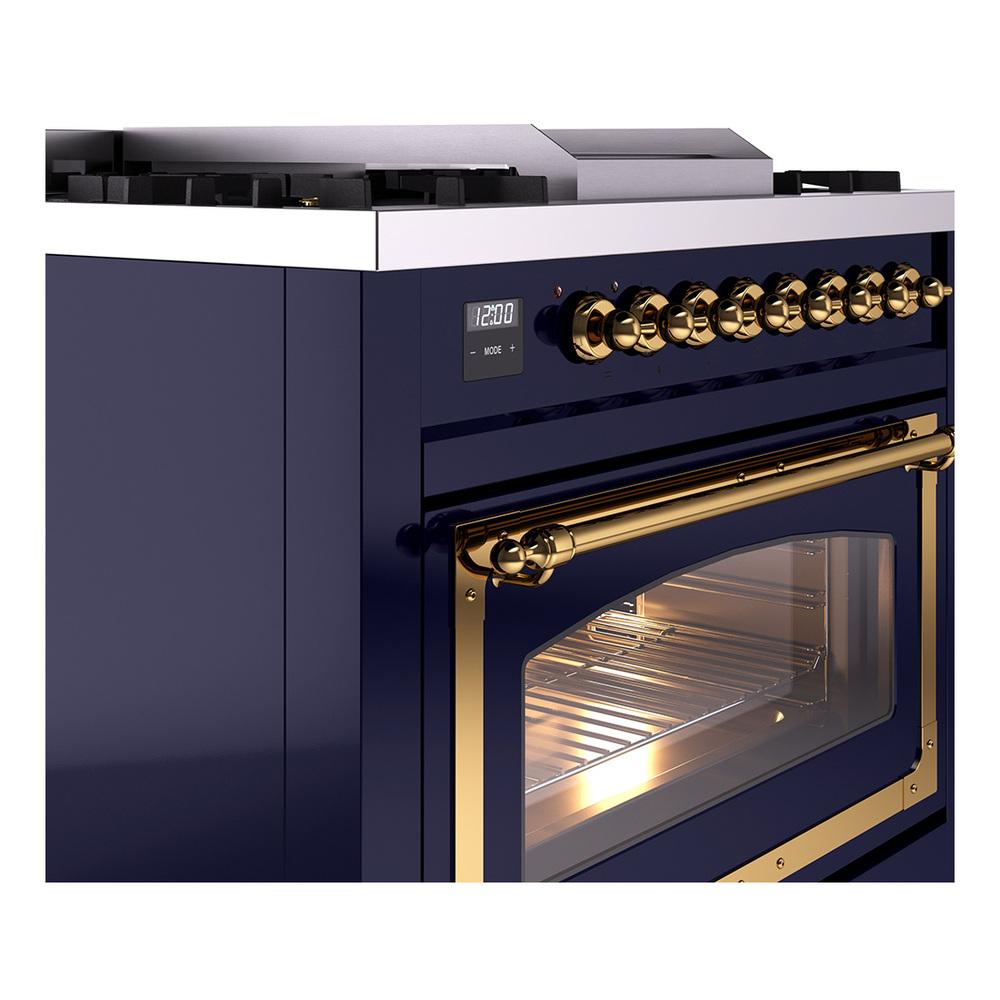 Ilve UN36FNMPMBGLP Ilve Un36Fnmpmbglp Nostalgie Ii Noblesse 36" Dual Fuel Range (Liquid Propane, Triple Glass Door, Midnight Blue, Brass)