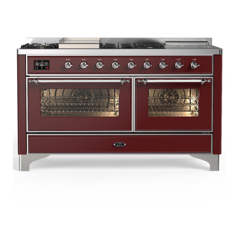 Ilve UM60FSNR3BUC Ilve Um60Fsnr3Buc Majestic Iii 60 Inch Dual Fuel Range With 7 Burners, Griddle And French Top, Dual Function Burner With Up To 25,000 Btu (Natural Gas, Triple Glass Door, Burgundy, Chrome)