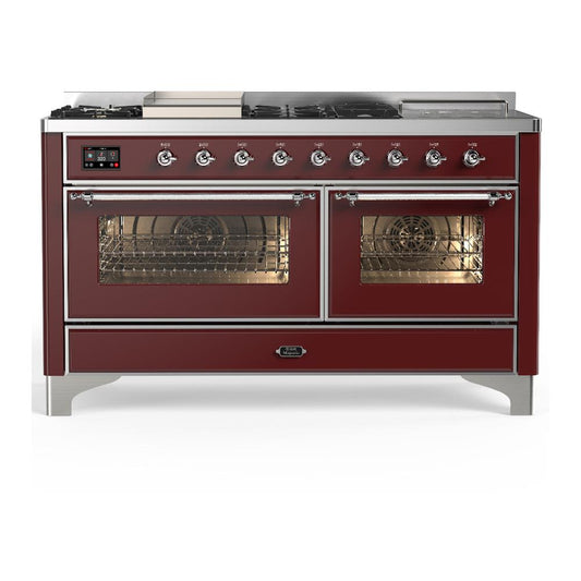 Ilve UM60FSNR3BUC Ilve Um60Fsnr3Buc Majestic Iii 60 Inch Dual Fuel Range With 7 Burners, Griddle And French Top, Dual Function Burner With Up To 25,000 Btu (Natural Gas, Triple Glass Door, Burgundy, Chrome)