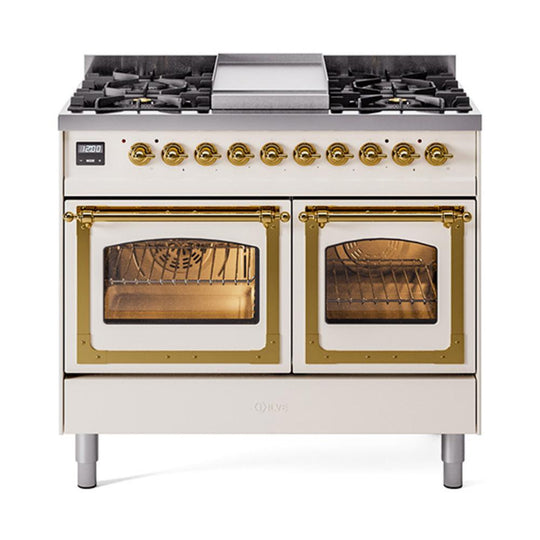 Ilve UND40FNMPAWG Ilve Und40Fnmpawg Nostalgie Ii Noblesse 40" Dual Fuel Range (Natural Gas, Triple Glass Door, Antique White, Brass)