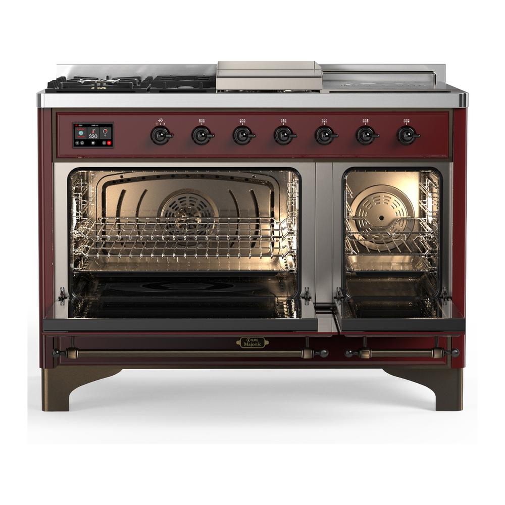 Ilve UM48FSQNR3BUB Ilve Um48Fsqnr3Bub Majestic Iii 48 Inch Dual Fuel Range With 5 Black Brass Burners, Griddle And French Top, Dual Function Burner Up To 25,000 Btu (Natural Gas, Solid Door, Burgundy, Burnished)