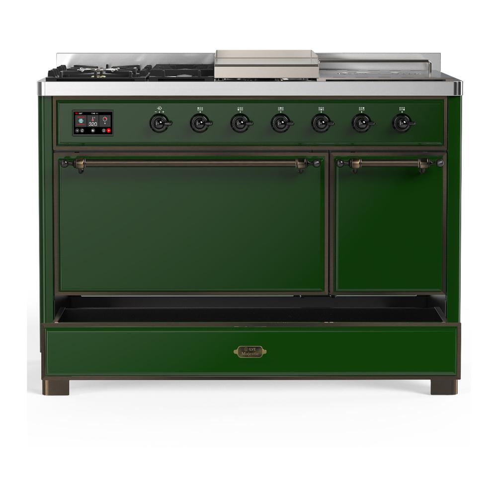 Ilve UM48FSQNR3EGB Ilve Um48Fsqnr3Egb Majestic Iii 48 Inch Dual Fuel Range With 5 Black Brass Burners, Griddle And French Top, Dual Function Burner Up To 25,000 Btu (Natural Gas, Solid Door, Emerald Green, Burnished)