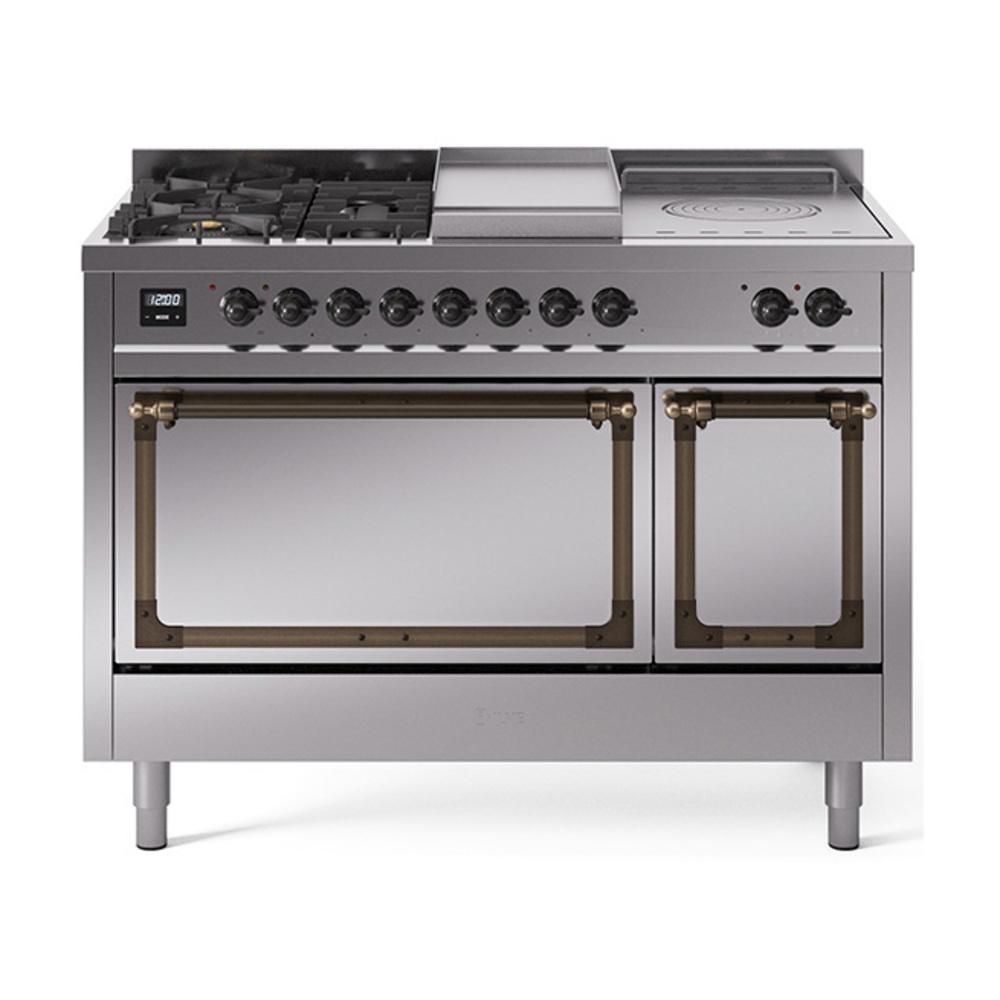Ilve UN48FSQNMPSSB Ilve Un48Fsqnmpssb Nostalgie Ii Noblesse 48" Dual Fuel Range (5 Sealed Burners + Griddle + French Top, Natural Gas, Solid Door, Stainless Steel, Burnished)