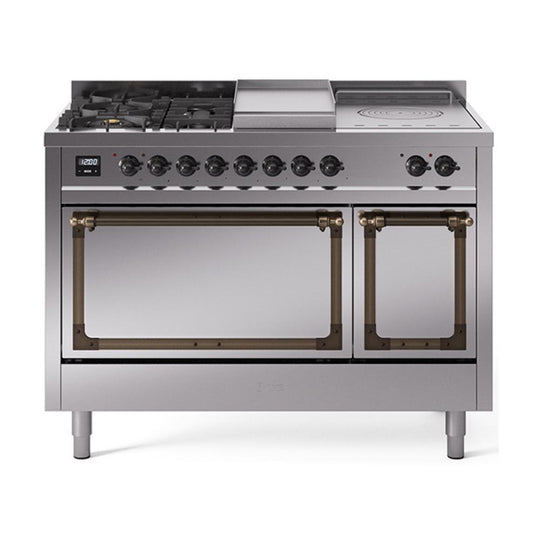 Ilve UN48FSQNMPSSB Ilve Un48Fsqnmpssb Nostalgie Ii Noblesse 48" Dual Fuel Range (5 Sealed Burners + Griddle + French Top, Natural Gas, Solid Door, Stainless Steel, Burnished)