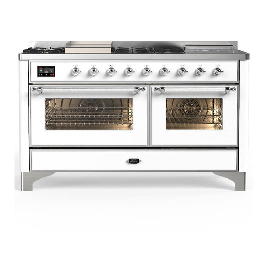 Ilve UM60FSNR3WHC Ilve Um60Fsnr3Whc Majestic Iii 60 Inch Dual Fuel Range With 7 Burners, Griddle And French Top, Dual Function Burner With Up To 25,000 Btu (Natural Gas, Triple Glass Door, White, Chrome)