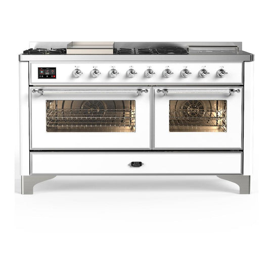 Ilve UM60FSNR3WHC Ilve Um60Fsnr3Whc Majestic Iii 60 Inch Dual Fuel Range With 7 Burners, Griddle And French Top, Dual Function Burner With Up To 25,000 Btu (Natural Gas, Triple Glass Door, White, Chrome)