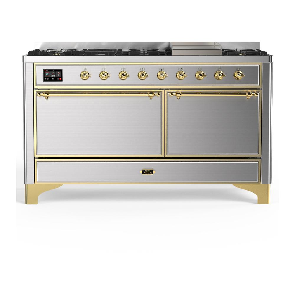 Ilve UM60FQNR3SSG Ilve Um60Fqnr3Ssg Majestic Iii 60 Inch Dual Fuel Range With 9 Burners And Griddle, Dual Function Burner Up To 25,000 Btu (Natural Gas, Solid Door, Stainless Steel, Brass)