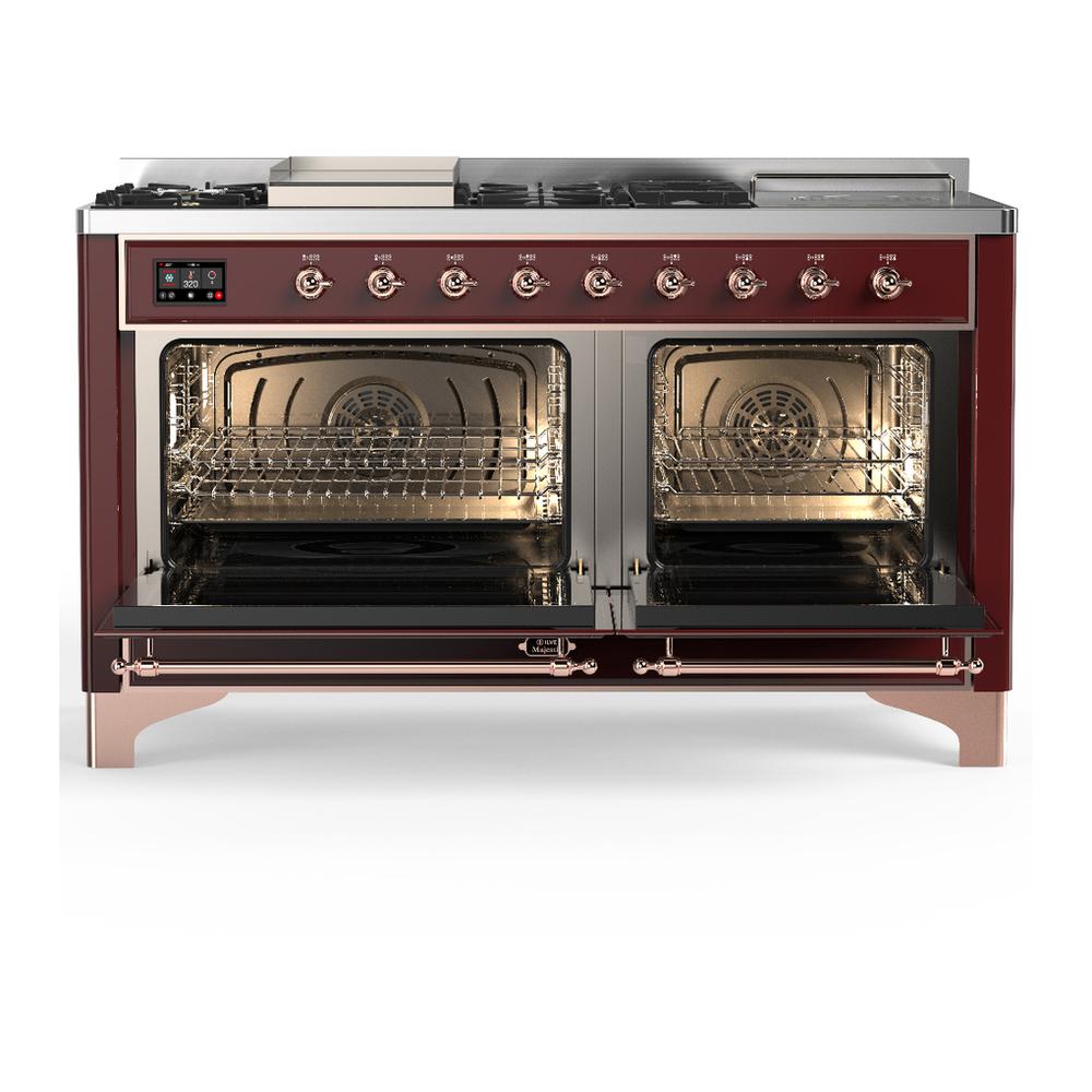 Ilve UM60FSQNR3BUP Ilve Um60Fsqnr3Bup Majestic Iii 60 Inch Dual Fuel Range With 7 Burners, Griddle And French Top, Dual Function Burner With Up To 25,000 Btu (Natural Gas, Solid Door, Burgundy, Copper)