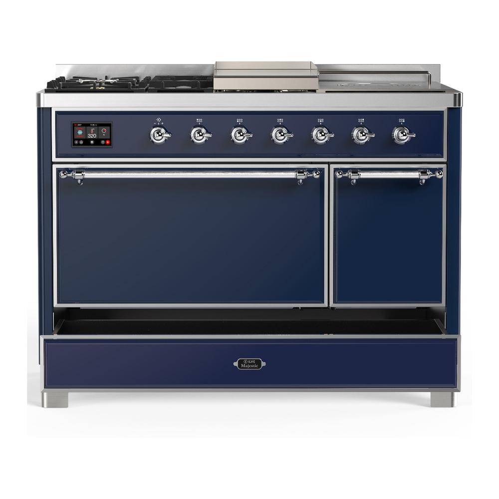 Ilve UM48FSQNR3MBCLP Ilve Um48Fsqnr3Mbclp Majestic Iii 48 Inch Dual Fuel Range With 5 Black Brass Burners, Griddle And French Top, Dual Function Burner Up To 25,000 Btu (Liquid Propane, Solid Door, Midnight Blue, Chrome)