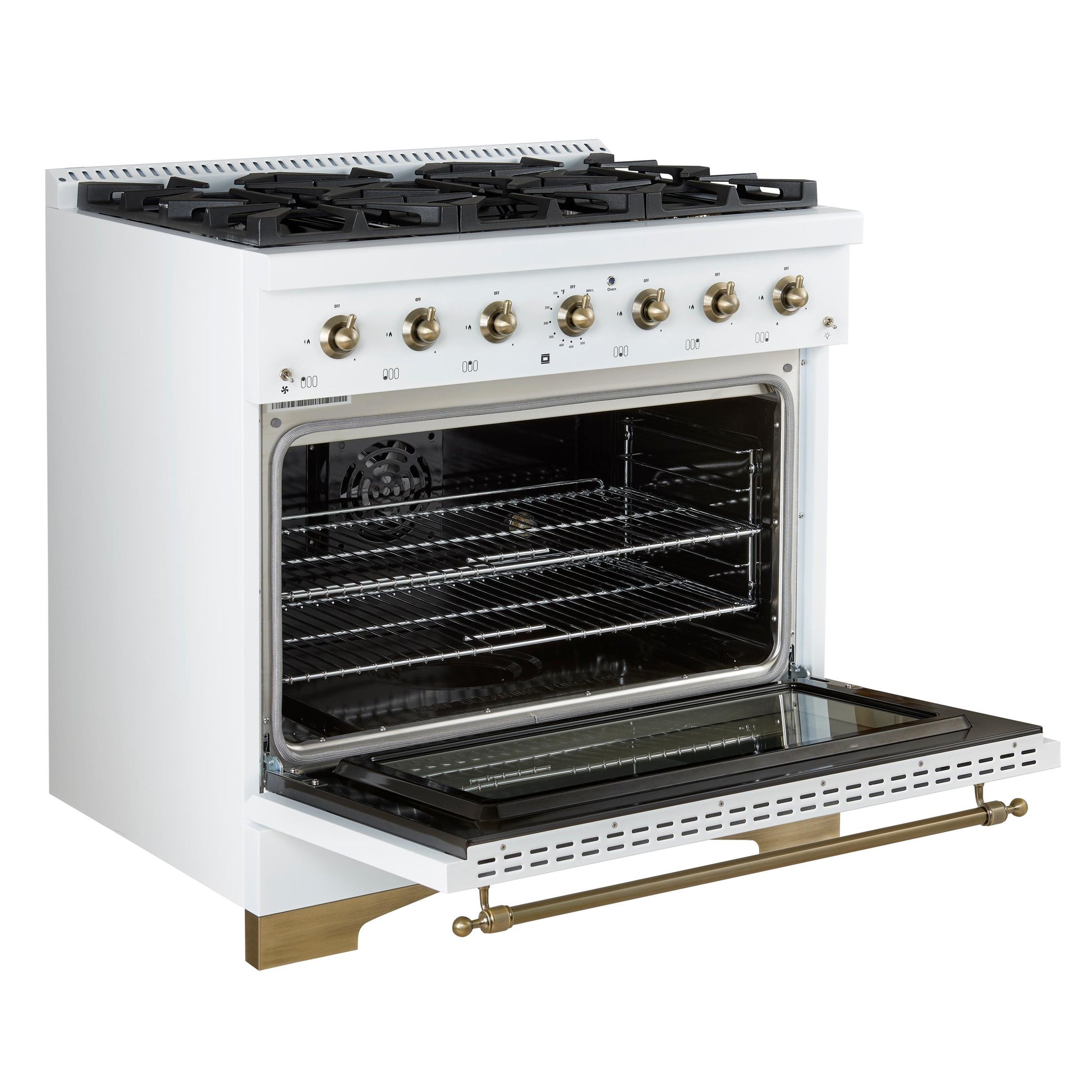 Forno FFSGS611336WHT Forno Antico 36-Inch Dual Fuel Range White And Antique Brass Design With 6 Sealed Gas Burners And Electric Convection Oven