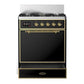Ilve UM30QNR3BKGLP Ilve Um30Qnr3Bkglp Majestic Iii 30 Inch Dual Fuel Range With 5 Black Brass Burners, Dual Function Burner Up To 25,000 Btu (Liquid Propane, Solid Door, Glossy Black, Brass)