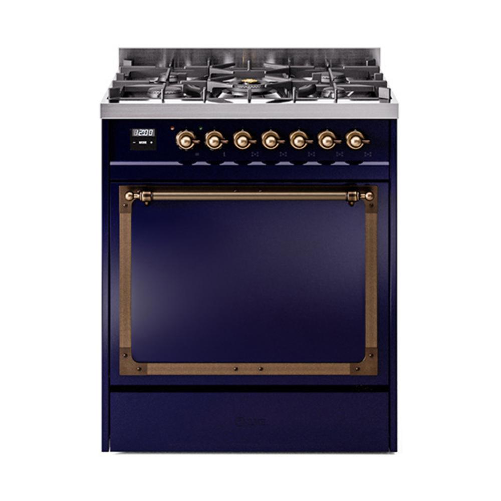 Ilve UN30QNMPMBBLP Ilve Un30Qnmpmbblp Nostalgie Ii Noblesse 30" Dual Fuel Range (Liquid Propane, Solid Door, Midnight Blue, Burnished)
