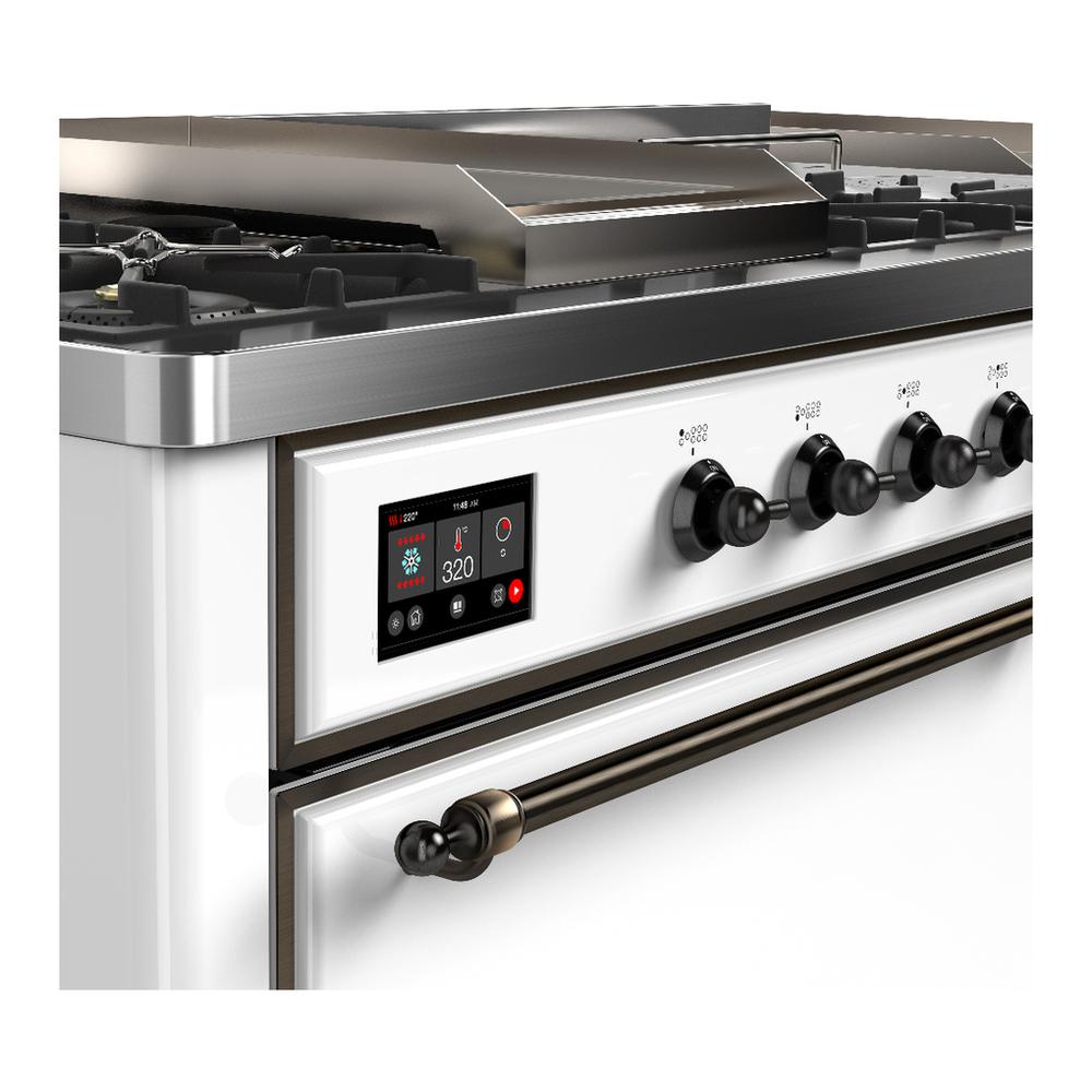 Ilve UM60FSQNR3WHB Ilve Um60Fsqnr3Whb Majestic Iii 60 Inch Dual Fuel Range With 7 Burners, Griddle And French Top, Dual Function Burner With Up To 25,000 Btu (Natural Gas, Solid Door, White, Burnished)