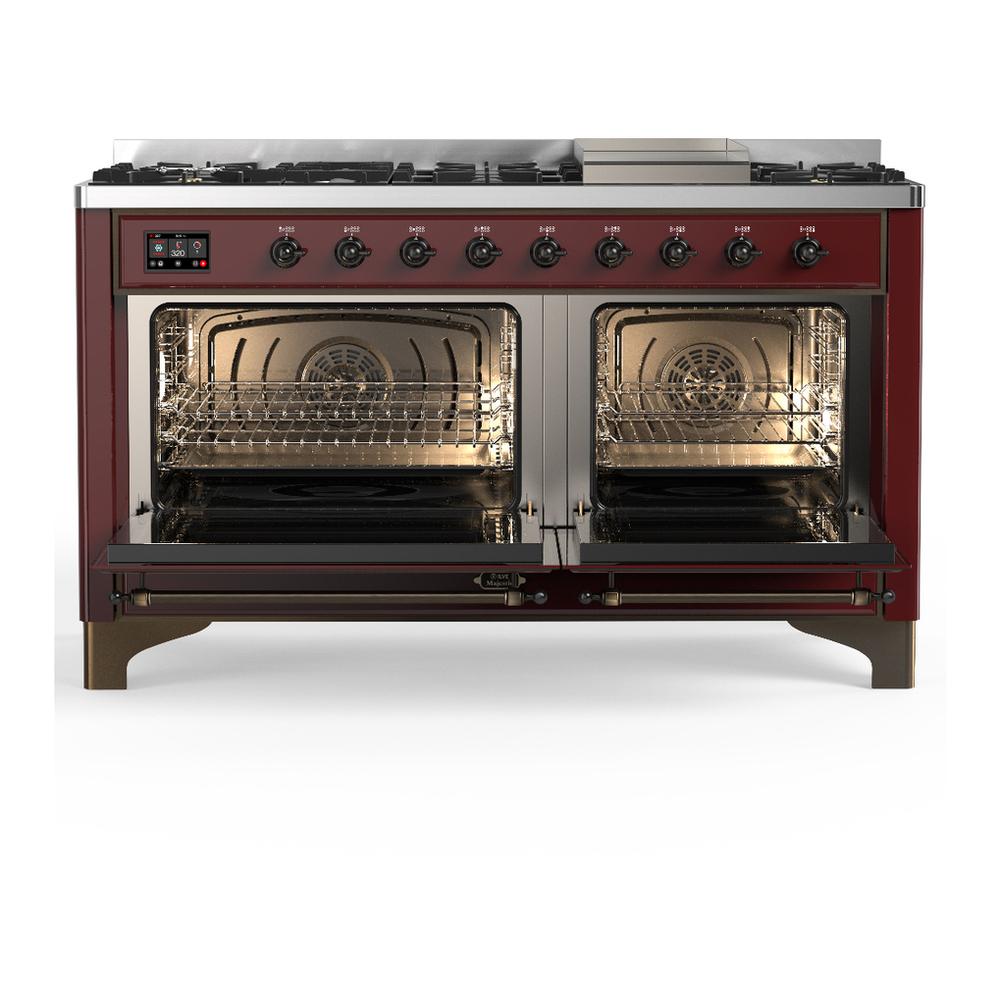 Ilve UM60FNR3BUBLP Ilve Um60Fnr3Bublp Majestic Iii 60 Inch Dual Fuel Range With 9 Burners And Griddle, Dual Function Burner Up To 25,000 Btu (Liquid Propane, Triple Glass Door, Burgundy, Burnished)