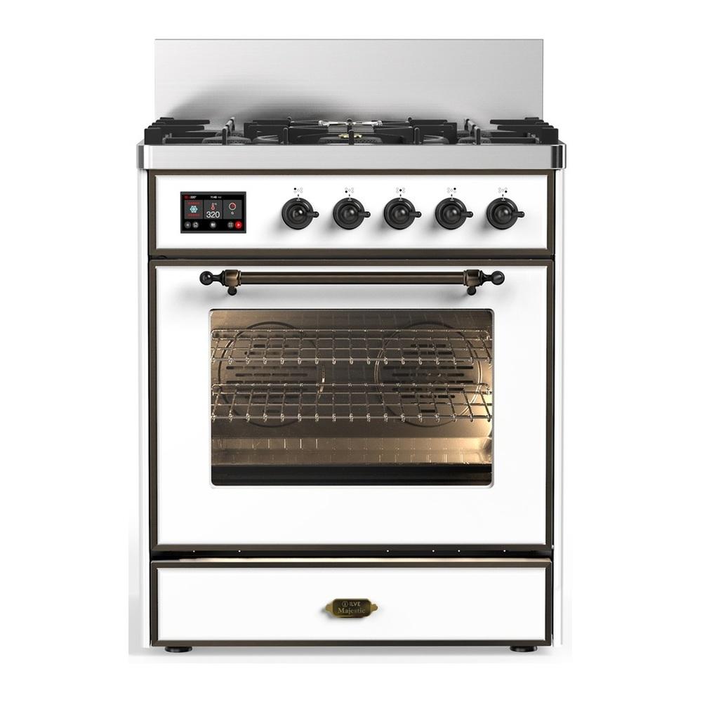 Ilve UM30NR3WHBLP Ilve Um30Nr3Whblp Majestic Iii 30 Inch Dual Fuel Range With 5 Black Brass Burners, Dual Function Burner Up To 25,000 Btu (Liquid Propane, Triple Glass Door, White, Burnished)