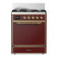 Ilve UM30QNR3BUG Ilve Um30Qnr3Bug Majestic Iii 30 Inch Dual Fuel Range With 5 Black Brass Burners, Dual Function Burner Up To 25,000 Btu (Natural Gas, Solid Door, Burgundy, Brass)