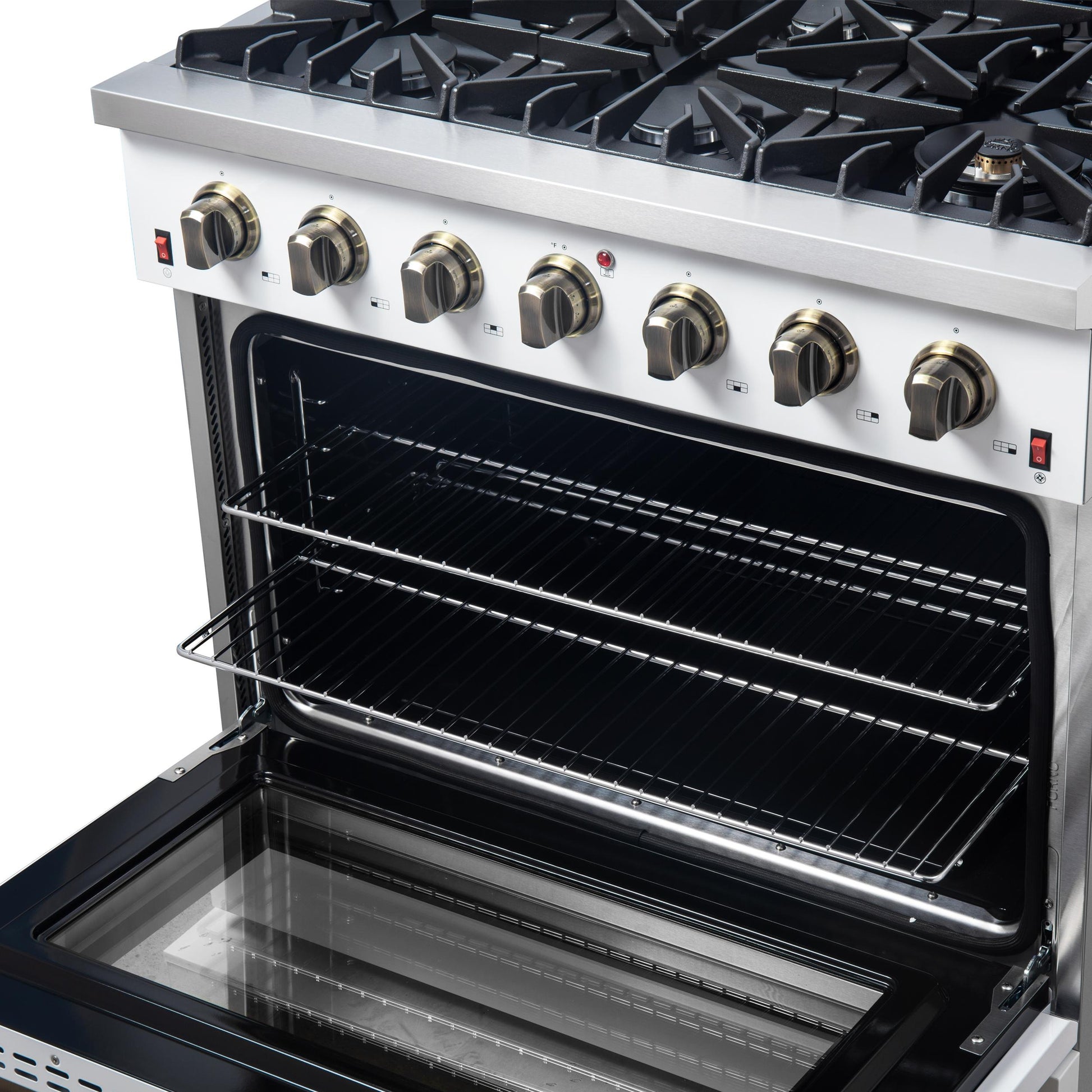 Forno FFSGS624436WHT Forno Galiano 36-Inch Freestanding Gas Range In White With Antique Brass Design, 6 Burners, 83,000 Btu, 5.36 Cu.Ft. Convection Oven