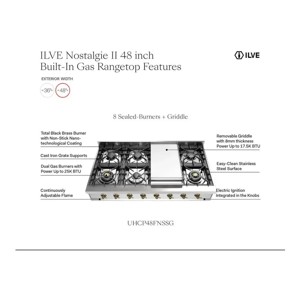 Ilve UHCP48FNSSPLP Ilve Uhcp48Fnssplp Nostalgie Ii 48 Inch Built-In Gas Rangetop With Griddle, In Stainless Steel (Liquid Propane, Copper)