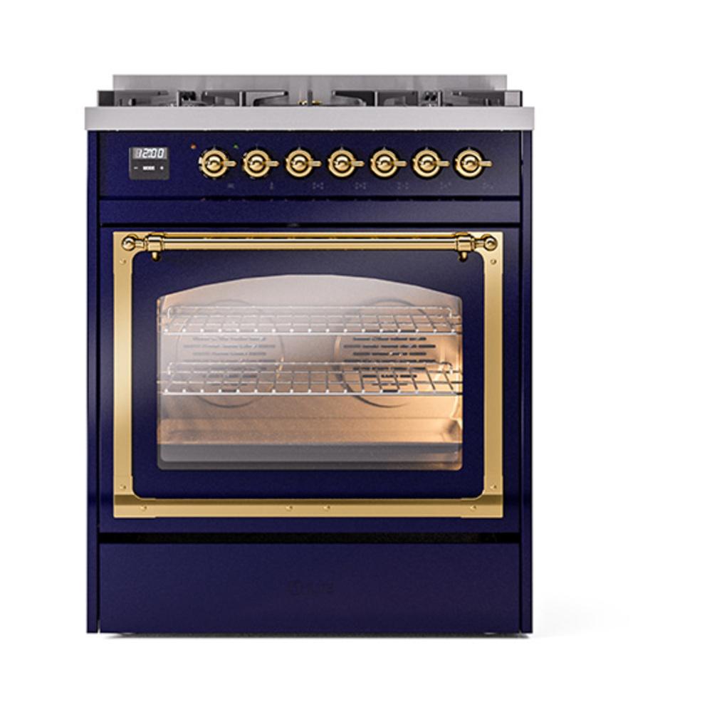 Ilve UN30NMPMBGLP Ilve Un30Nmpmbglp Nostalgie Ii Noblesse 30" Dual Fuel Range (Liquid Propane, Triple Glass Door, Midnight Blue, Brass)