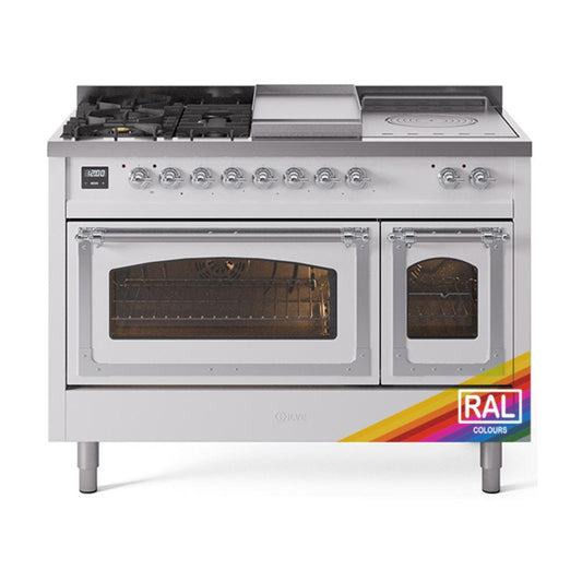 Ilve UN48FSNMPRACLP Ilve Un48Fsnmpraclp Nostalgie Ii Noblesse 48" Dual Fuel Range (5 Sealed Burners + Griddle + French Top, Liquid Propane, Triple Glass Door, Ral, Chrome)