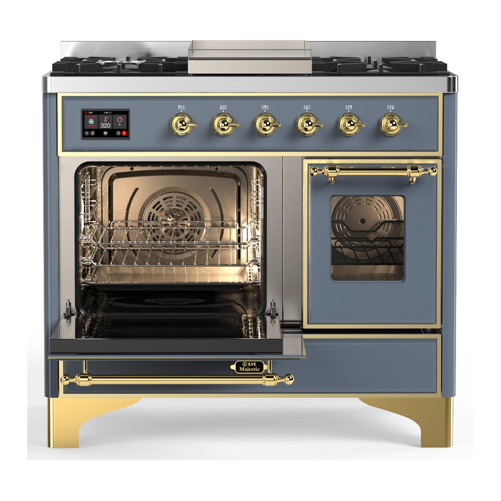 Ilve UMD40FNR3BGGLP Ilve Umd40Fnr3Bgglp Majestic Iii 40 Inch Dual Fuel Range With 6 Burners And Griddle, Dual Function Burner Up To 25,000 Btu (Liquid Propane, Triple Glass Door, Blue Grey, Brass)