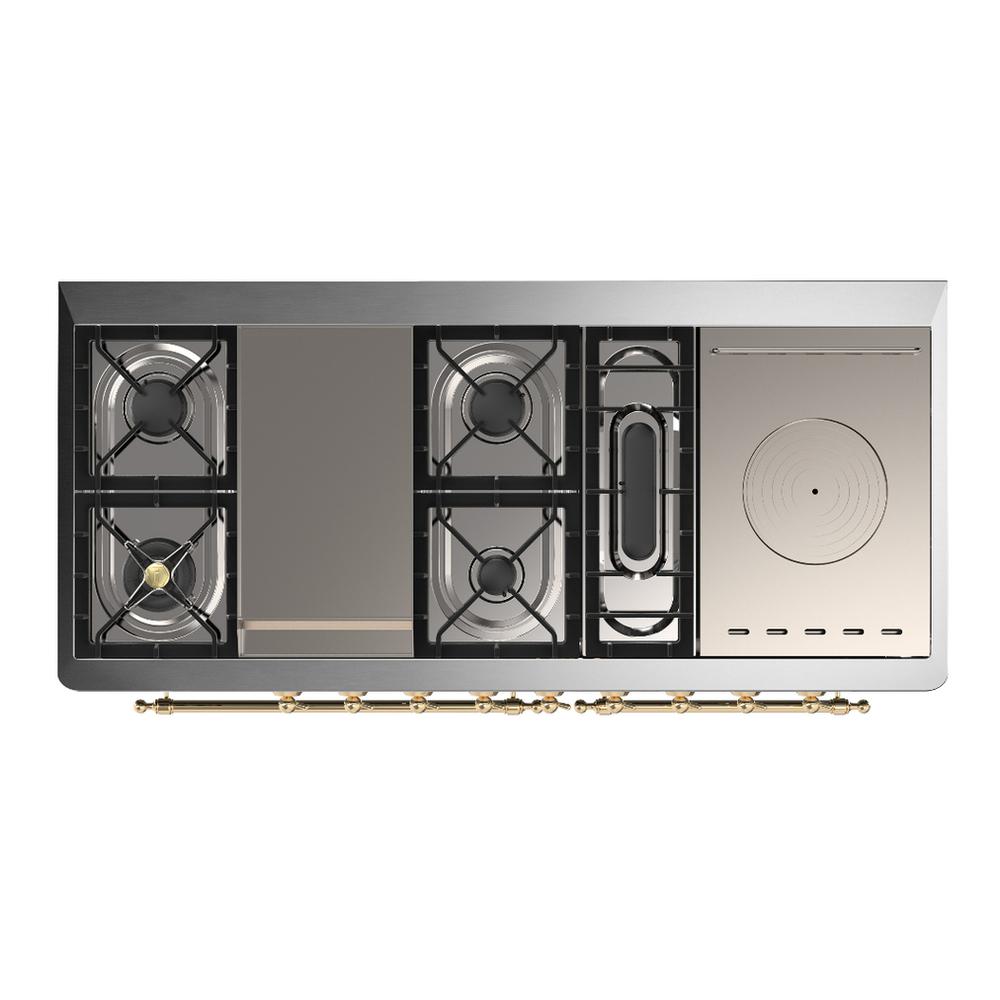 Ilve UM60FSQNR3SSG Ilve Um60Fsqnr3Ssg Majestic Iii 60 Inch Dual Fuel Range With 7 Burners, Griddle And French Top, Dual Function Burner With Up To 25,000 Btu (Natural Gas, Solid Door, Stainless Steel, Brass)