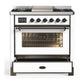 Ilve UM36FNR3WHB Ilve Um36Fnr3Whb Majestic Iii 36 Inch Dual Fuel Range With 6 Black Brass Burners And Griddle, Dual Function Burner Up To 25,000 Btu (Triple Glass Door, White, Burnished, Natural Gas)