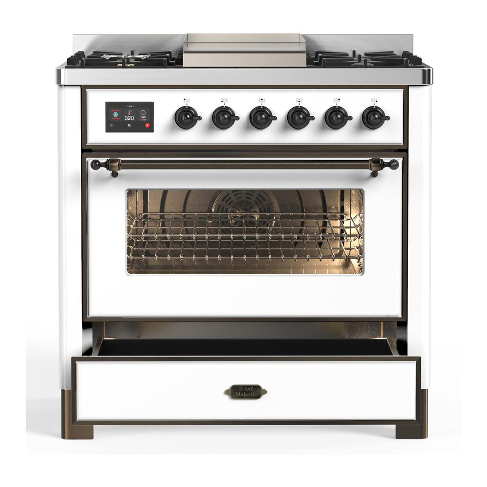 Ilve UM36FNR3WHB Ilve Um36Fnr3Whb Majestic Iii 36 Inch Dual Fuel Range With 6 Black Brass Burners And Griddle, Dual Function Burner Up To 25,000 Btu (Triple Glass Door, White, Burnished, Natural Gas)