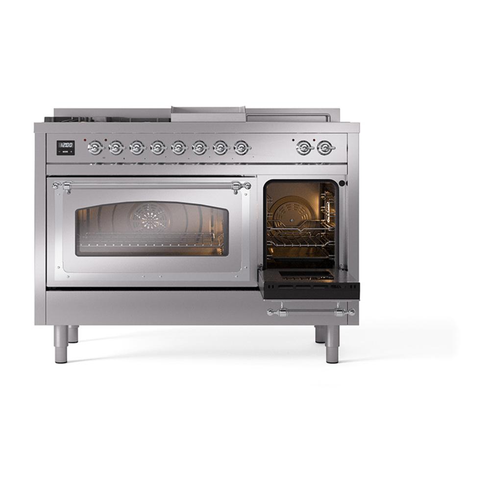 Ilve UN48FSNMPSSCLP Ilve Un48Fsnmpssclp Nostalgie Ii Noblesse 48" Dual Fuel Range (5 Sealed Burners + Griddle + French Top, Liquid Propane, Triple Glass Door, Stainless Steel, Chrome)