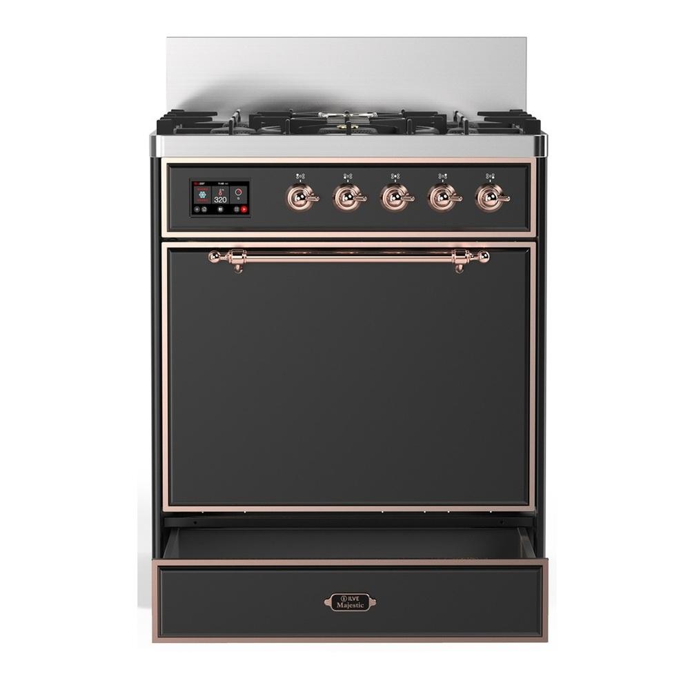 Ilve UM30QNR3MGP Ilve Um30Qnr3Mgp Majestic Iii 30 Inch Dual Fuel Range With 5 Black Brass Burners, Dual Function Burner Up To 25,000 Btu (Natural Gas, Solid Door, Graphite Matte, Copper)