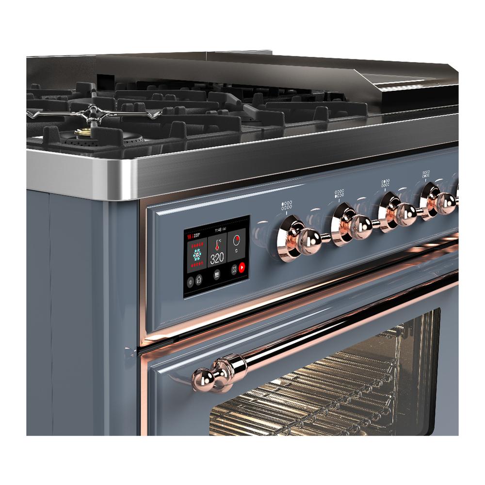 Ilve UM48FNR3BGPLP Ilve Um48Fnr3Bgplp Majestic Iii 48 Inch Dual Fuel Range With 8 Burners And Griddle, Dual Function Burner Up To 25,000 Btu (Liquid Propane, Triple Glass Door, Blue Grey, Copper)