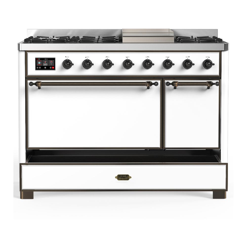 Ilve UM48FQNR3WHB Ilve Um48Fqnr3Whb Majestic Iii 48 Inch Dual Fuel Range With 8 Burners And Griddle, Dual Function Burner Up To 25,000 Btu (Natural Gas, Solid Door, White, Burnished)