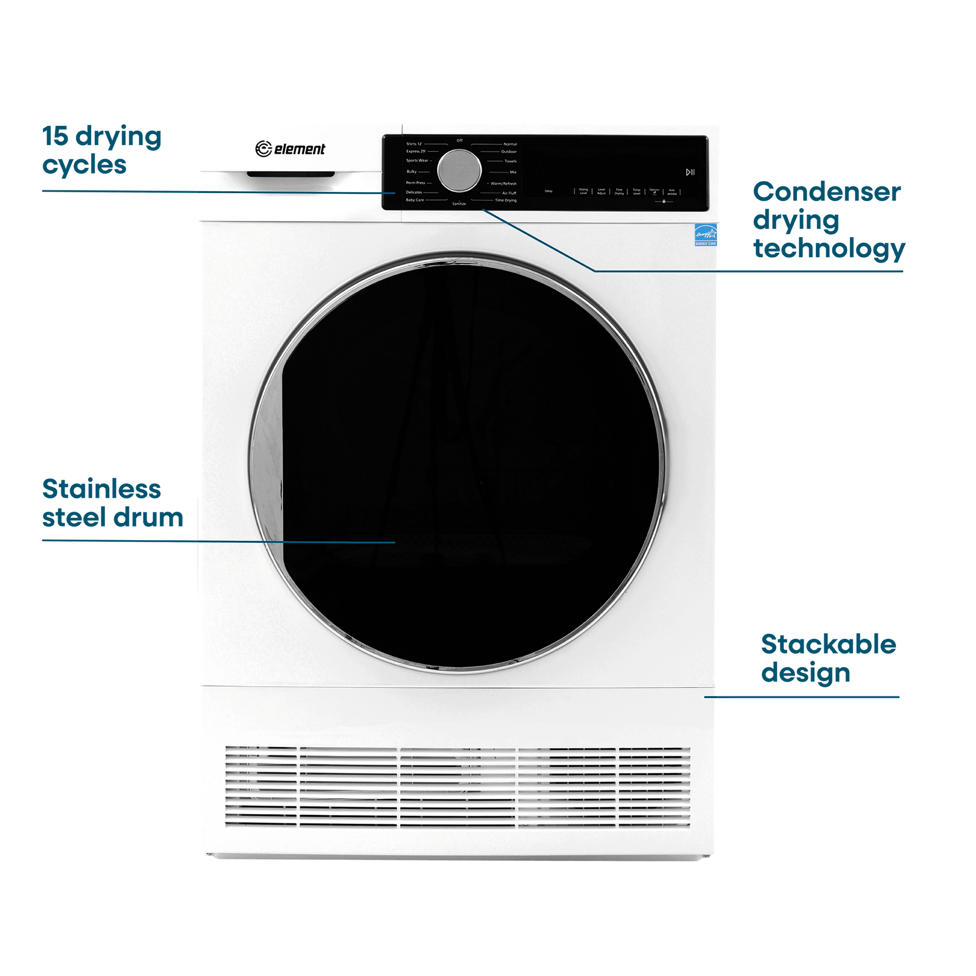 Element Appliance ECD4224EGW Element 4.0 Cu. Ft. Front Load Electric Dryer - White, Energy Star (Ecd4224Egw)