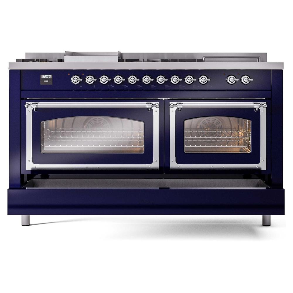 Ilve UN60FSNMPMBCLP Ilve Un60Fsnmpmbclp Nostalgie Ii Noblesse 60" Dual Fuel Range (7 Sealed Burners + Griddle + French Top, Liquid Propane, Triple Glass Door, Midnight Blue, Chrome)