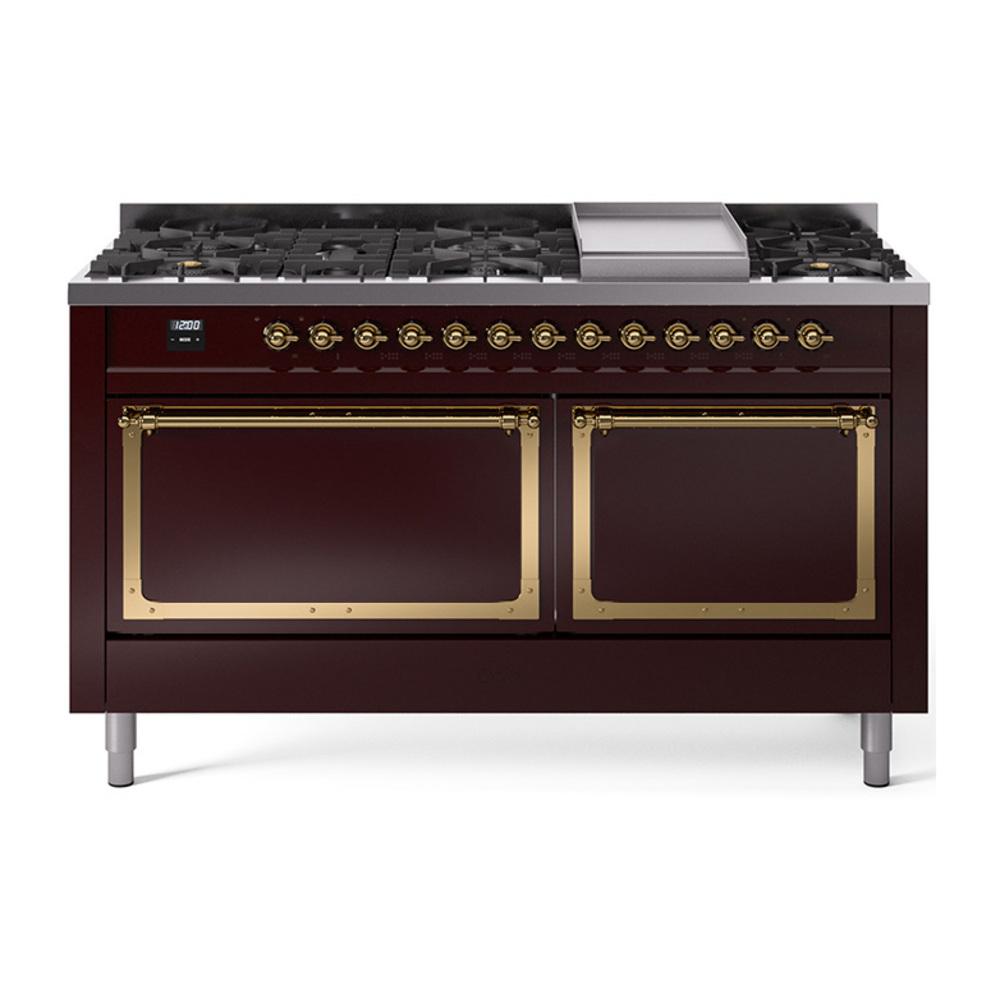 Ilve UN60FQNMPBUG Ilve Un60Fqnmpbug Nostalgie Ii Noblesse 60" Dual Fuel Range (9 Sealed Burners + Griddle, Natural Gas, Solid Door, Burgundy, Brass)