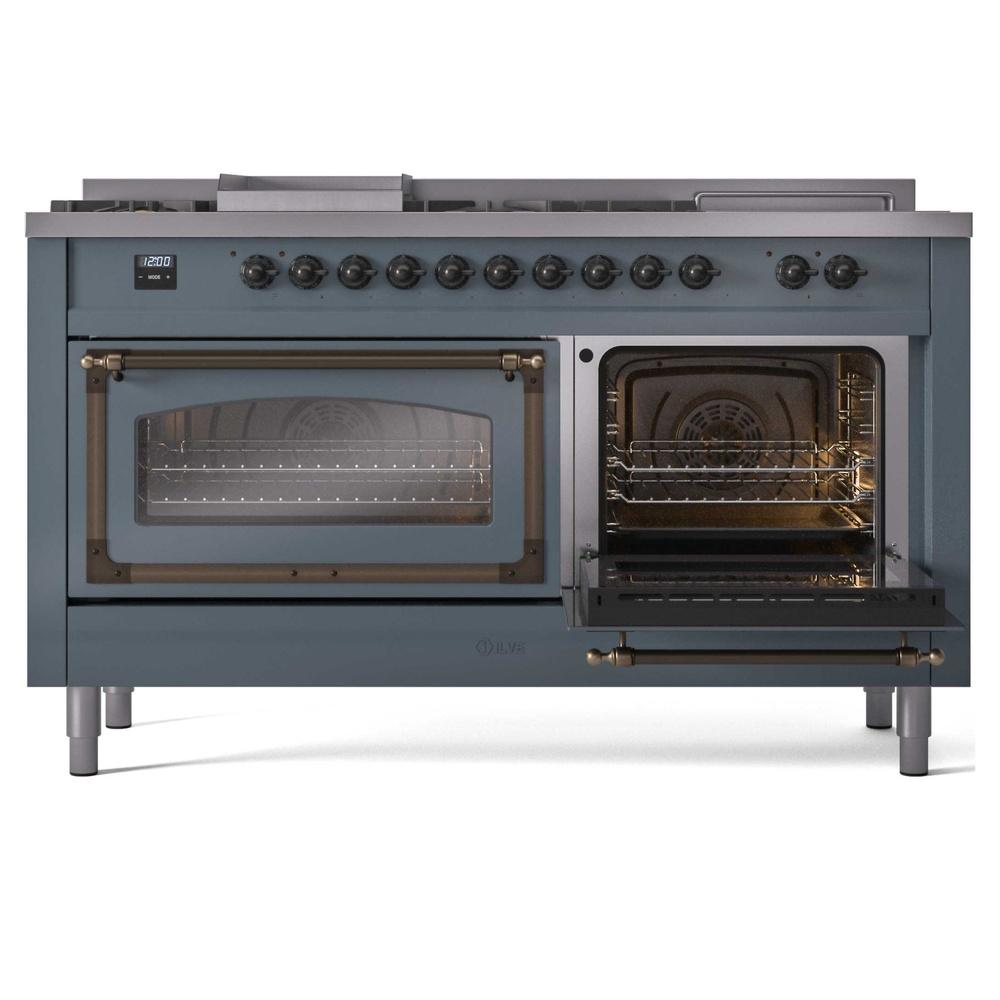Ilve UN60FSNMPBGB Ilve Un60Fsnmpbgb Nostalgie Ii Noblesse 60" Dual Fuel Range (7 Sealed Burners + Griddle + French Top, Natural Gas, Triple Glass Door, Blue Grey, Burnished)