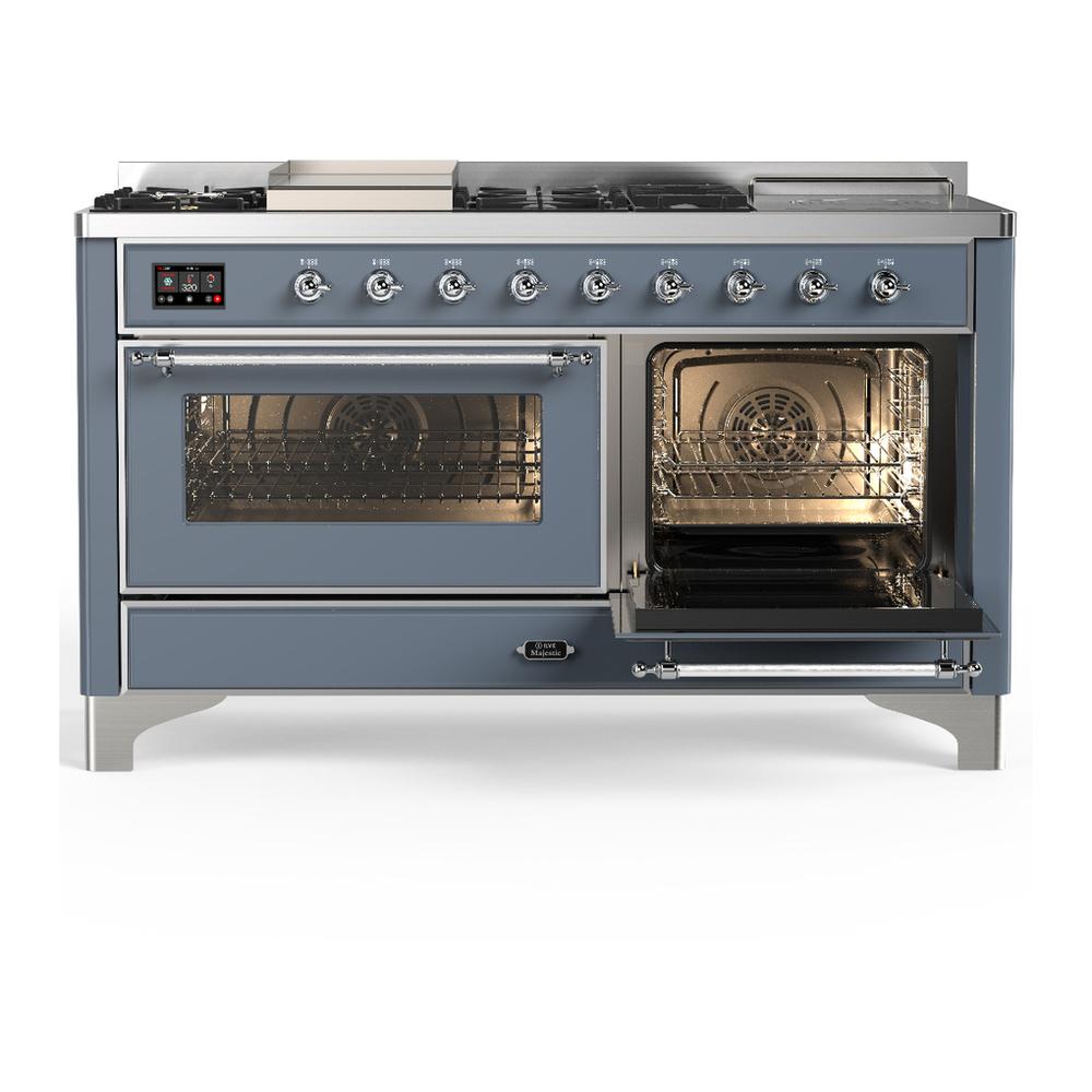 Ilve UM60FSNR3BGC Ilve Um60Fsnr3Bgc Majestic Iii 60 Inch Dual Fuel Range With 7 Burners, Griddle And French Top, Dual Function Burner With Up To 25,000 Btu (Natural Gas, Triple Glass Door, Blue Grey, Chrome)