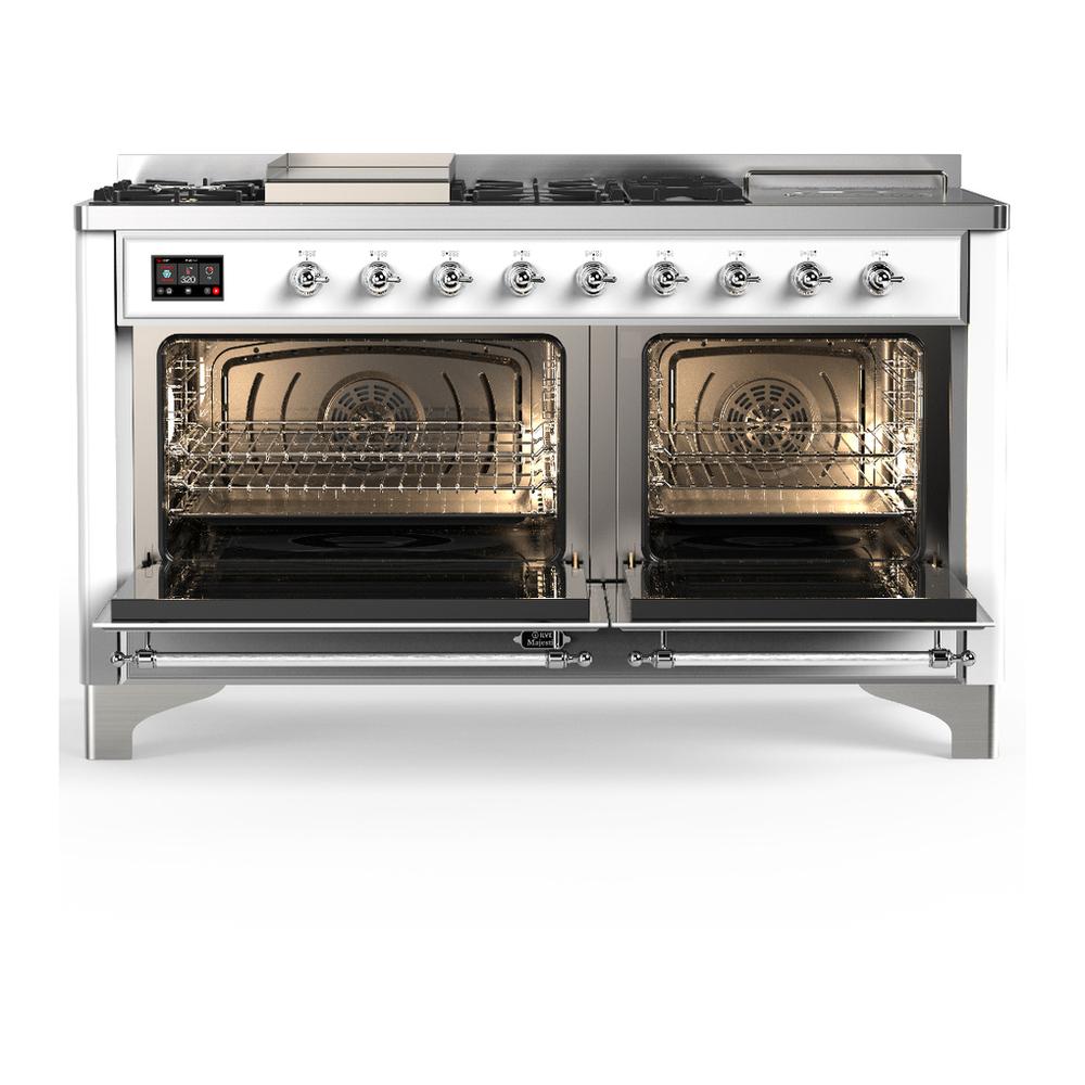 Ilve UM60FSNR3WHCLP Ilve Um60Fsnr3Whclp Majestic Iii 60 Inch Dual Fuel Range With 7 Burners, Griddle And French Top, Dual Function Burner With Up To 25,000 Btu (Liquid Propane, Triple Glass Door, White, Chrome)