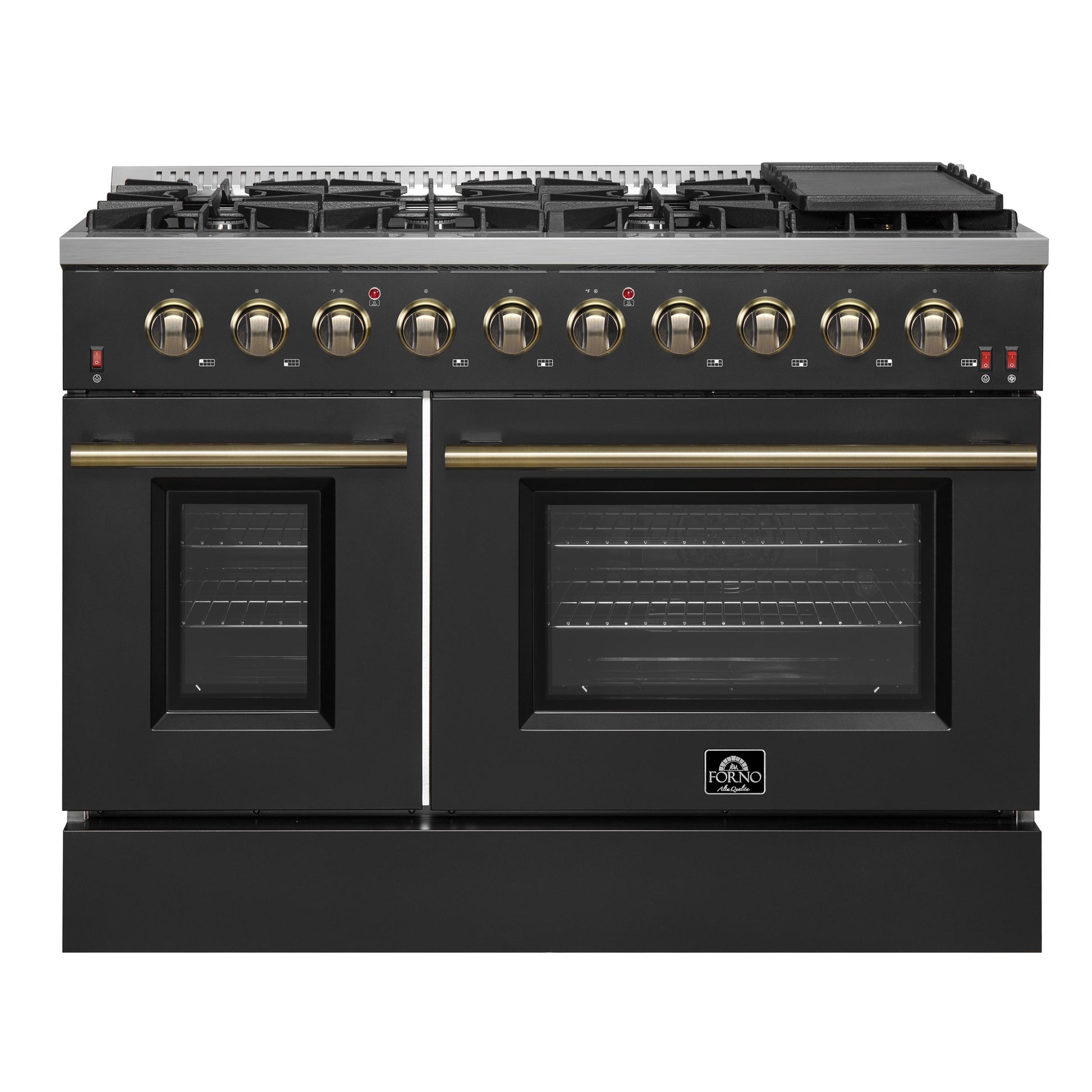 Forno FFSGS624448BLK Forno Galiano 48-Inch Gas Range Black & Antique Brass Design, 8 Burners, 107,000 Btu, Griddle, 6.58 Cu.Ft. Double Ovens