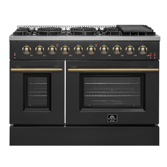 Forno FFSGS624448BLK Forno Galiano 48-Inch Gas Range Black & Antique Brass Design, 8 Burners, 107,000 Btu, Griddle, 6.58 Cu.Ft. Double Ovens