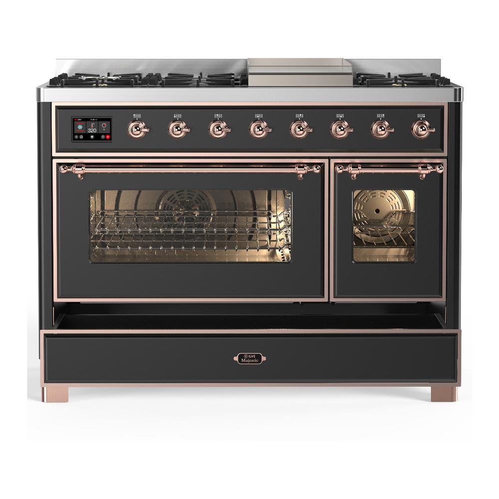Ilve UM48FNR3MGPLP Ilve Um48Fnr3Mgplp Majestic Iii 48 Inch Dual Fuel Range With 8 Burners And Griddle, Dual Function Burner Up To 25,000 Btu (Liquid Propane, Triple Glass Door, Graphite Matte, Copper)