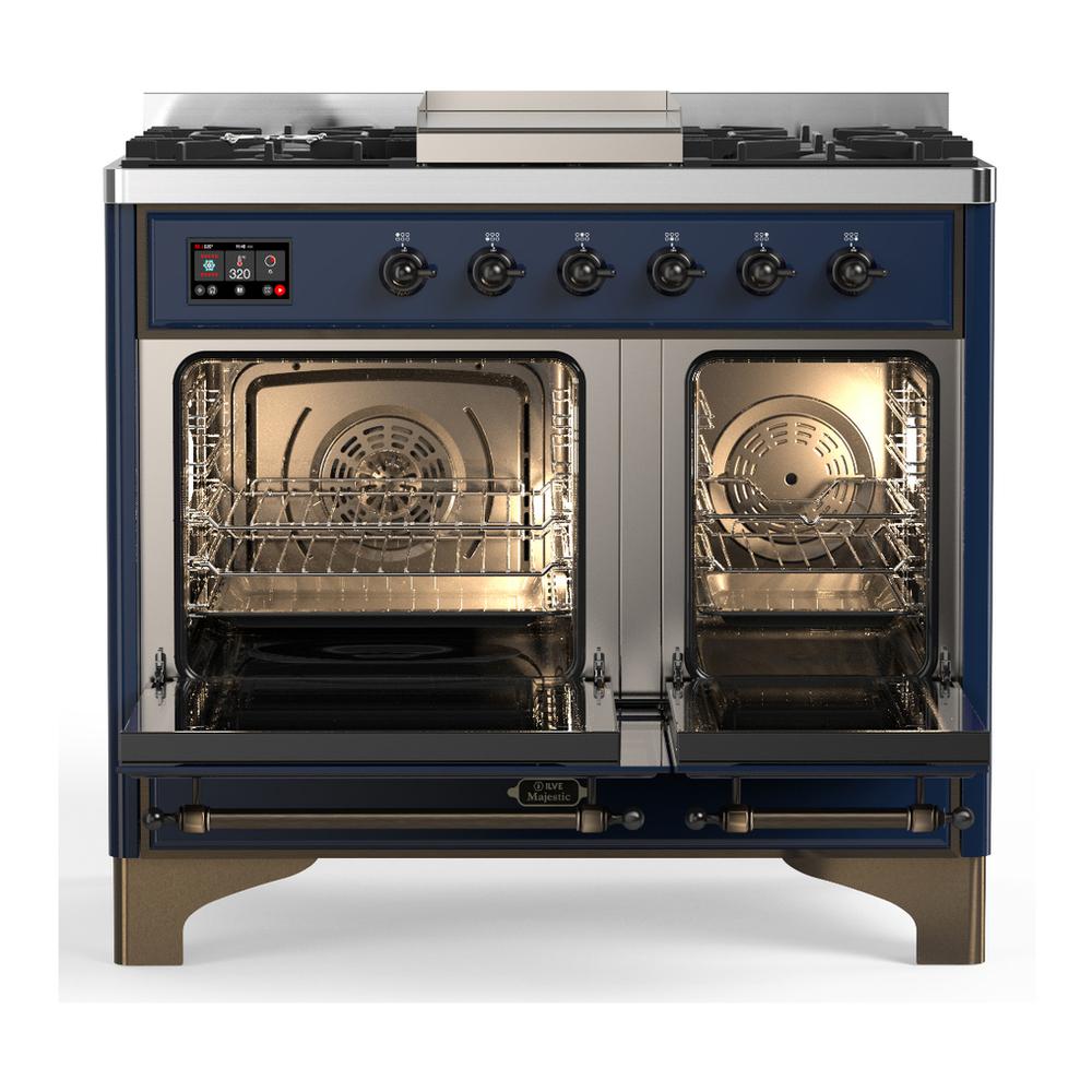 Ilve UMD40FNR3MBBLP Ilve Umd40Fnr3Mbblp Majestic Iii 40 Inch Dual Fuel Range With 6 Burners And Griddle, Dual Function Burner Up To 25,000 Btu (Liquid Propane, Triple Glass Door, Midnight Blue, Burnished)